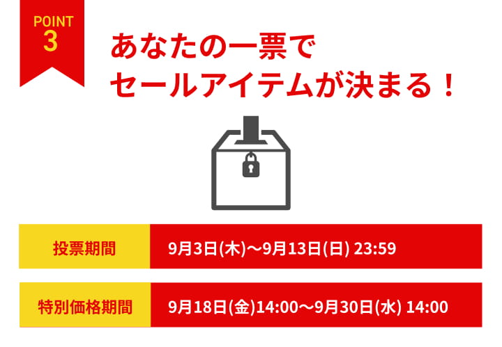 POINT3 秋に活躍するアイテム決戦投票。投票期間9月3日から9月13日23時59分、特別価格期間9月18日14時から9月30日14時まで