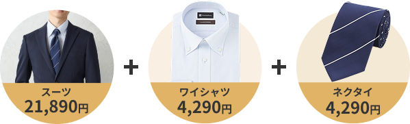 スーツ　21,890円,ワイシャツ　4,290円,ネクタイ　4,290円,3点セットで16,500円(税込)