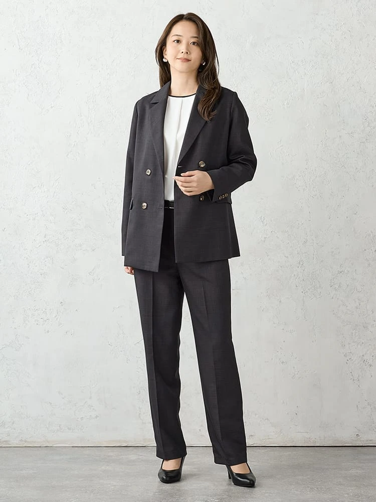 D．ブラウン ソフトスーツ テーパードパンツ 無地 グレー/ブラウン