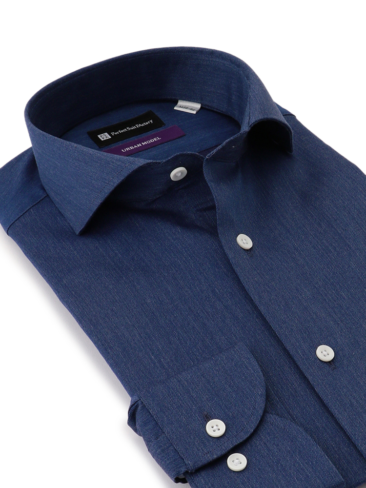 形態安定 インディゴ風長袖ワイシャツ ブルー ネイビー ブラウン