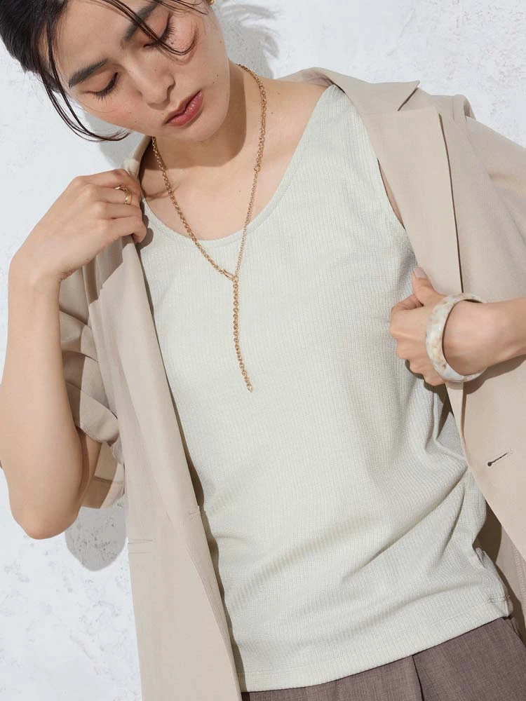 ラウンドネックラメタンクトップグレー/ベージュ