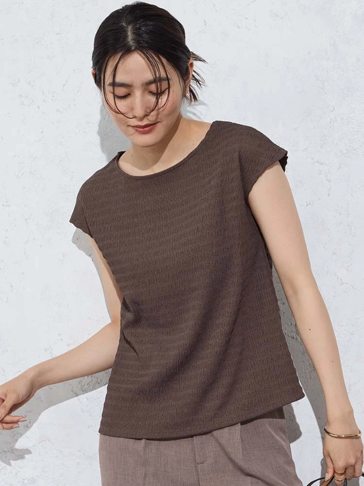 クラッシュジャガードフレンチスリーブブラウスオフホワイト/ブラック/グレー/ブラウン〈2BUY10％OFF〉