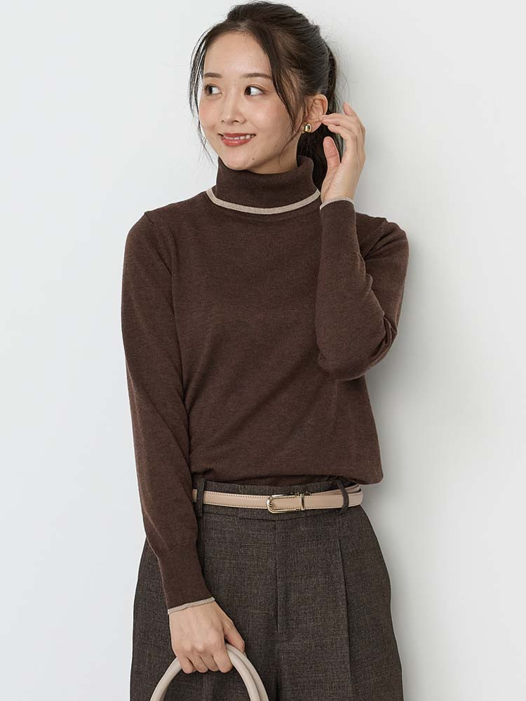 天竺タートルネックニットオフホワイト/ブラック/ブラウン〈2BUY10％OFF〉