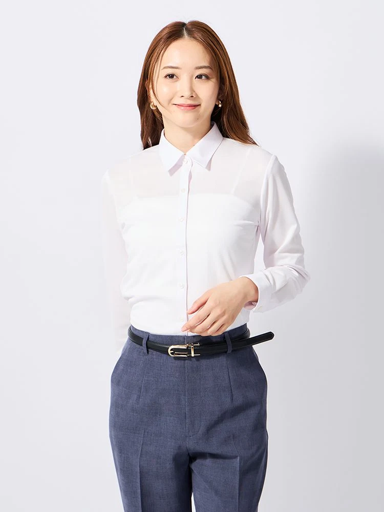 【完全ノーアイロン】長袖アイシャツブラウス織柄レギュラーホワイト/ピンク/サックス〈2BUYでさらに10％OFF対象★〉