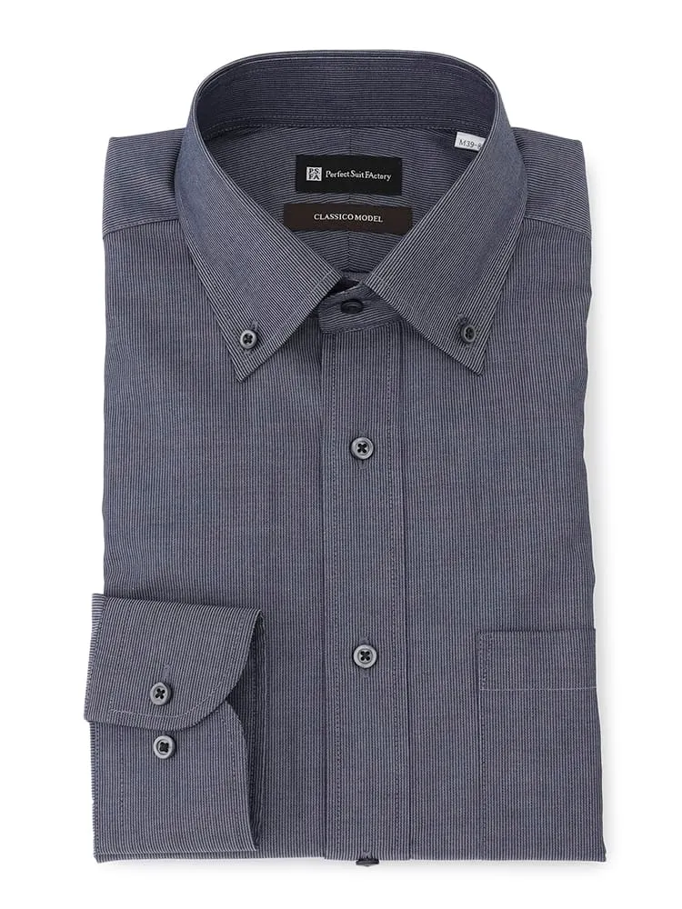 【ノンアイロン】コーデュロイライク長袖ワイシャツ【クラシコ】ボタンダウンブラック/ブルー
