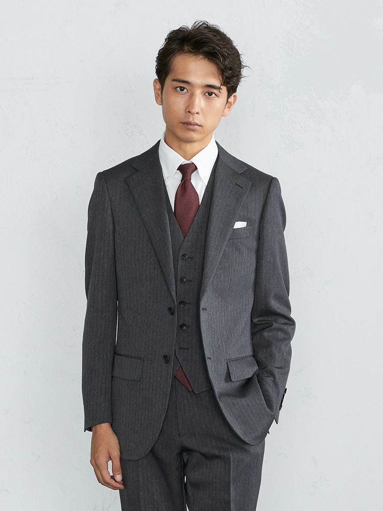 上下洗える Web限定スーツ スリーピース ヘリンボン グレー