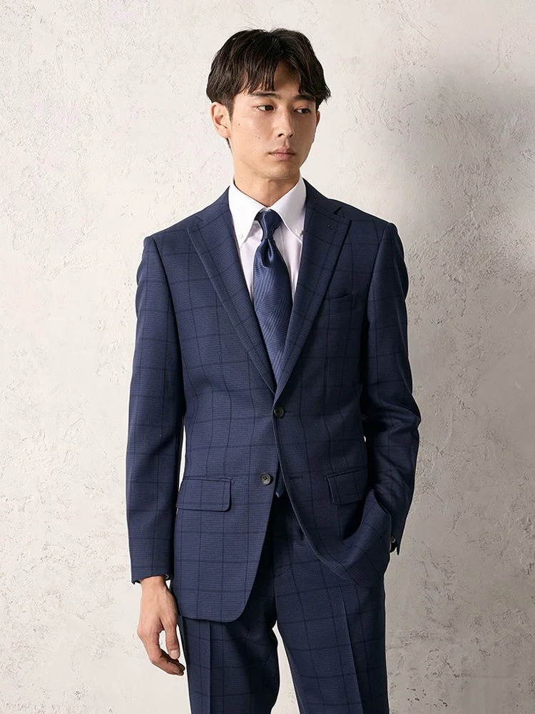 【WEB限定/上下洗える】2釦スーツグレンチェックネイビー