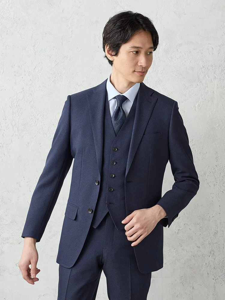 【上下洗える/ベスト付き】スリーピーススーツ【クラシコ】メランジ調ネイビー