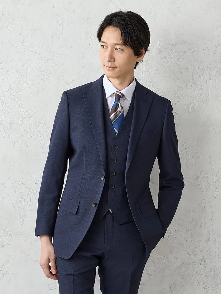 【上下洗える/ベスト付き】スリーピーススーツ【クラシコ】メランジ調ネイビー