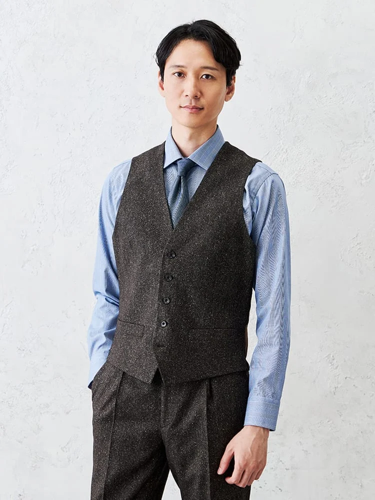 シルクネップホームスパンベストグレー/ブラウン/ネイビー