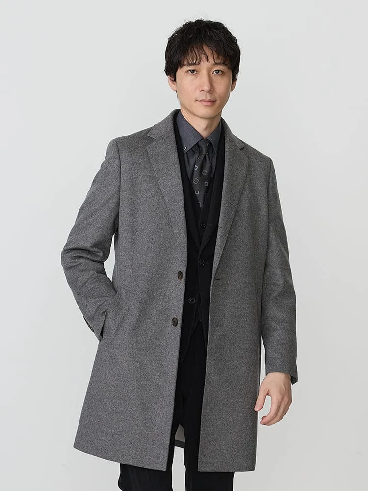 ウール100％ビーバーチェスターコートブラック/ライトグレー/ブルー