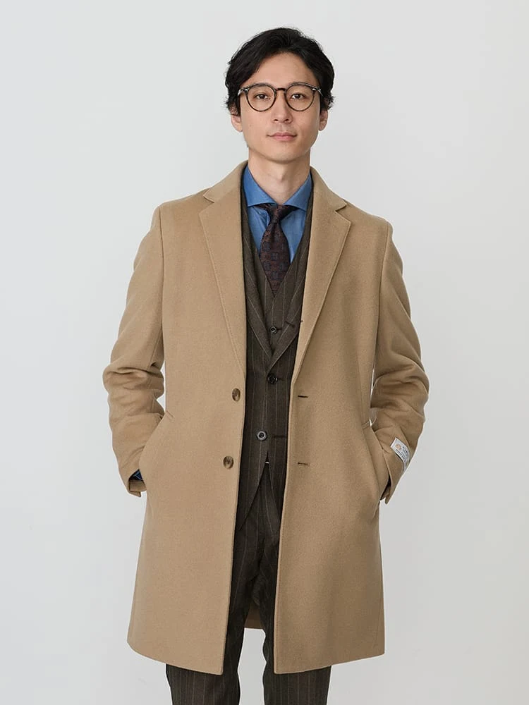 ウール100％ビーバーチェスターコートミディアムグレー/ベージュ/ブラウン