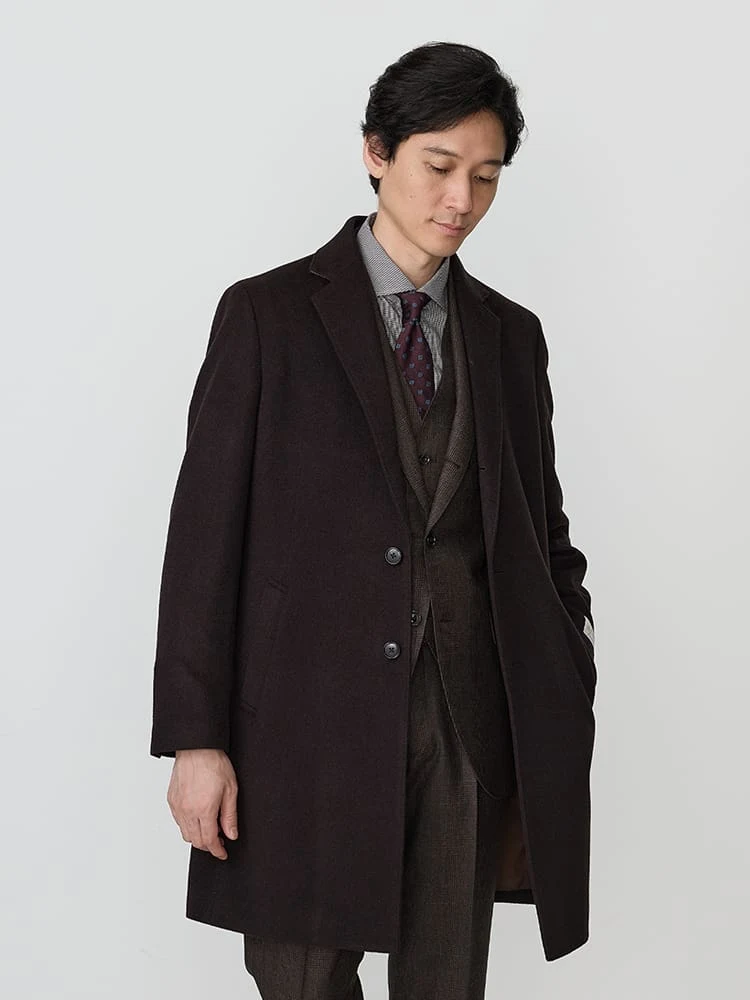 ウール100％ビーバーチェスターコートミディアムグレー/ベージュ/ブラウン