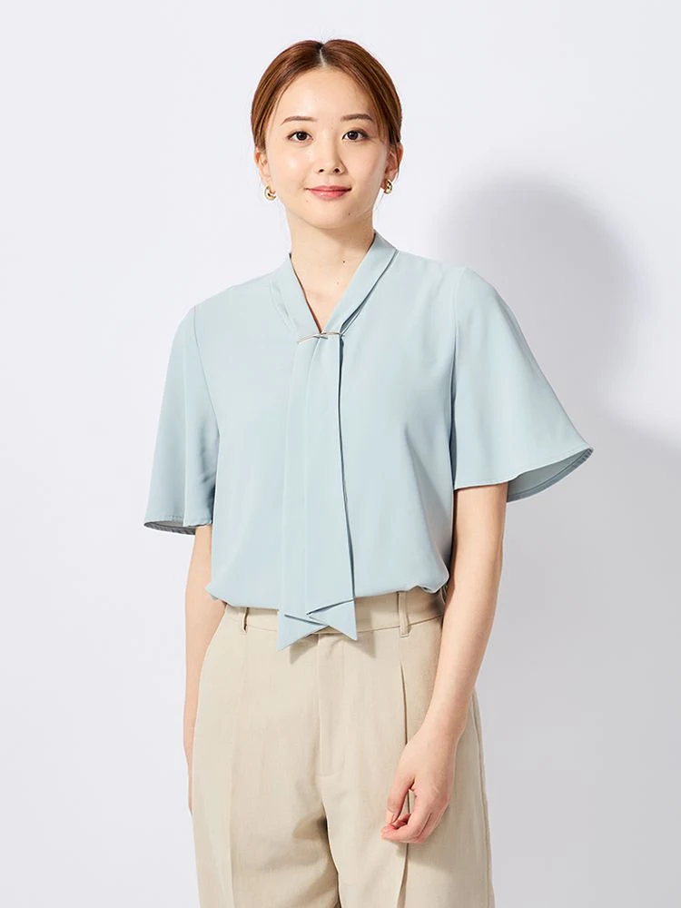 【接触冷感】ボウタイデシンブラウスオフホワイト/ピンク/ベージュ/サックス〈2BUYでさらに10％OFF対象★〉