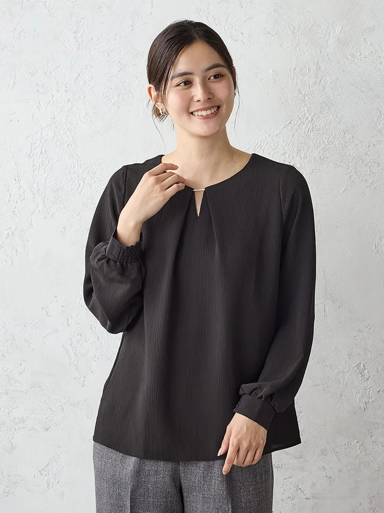 スムース楊柳バー付ブラウスオフホワイト/ブラック/ベージュ/ブラウン〈2BUY10％OFF〉