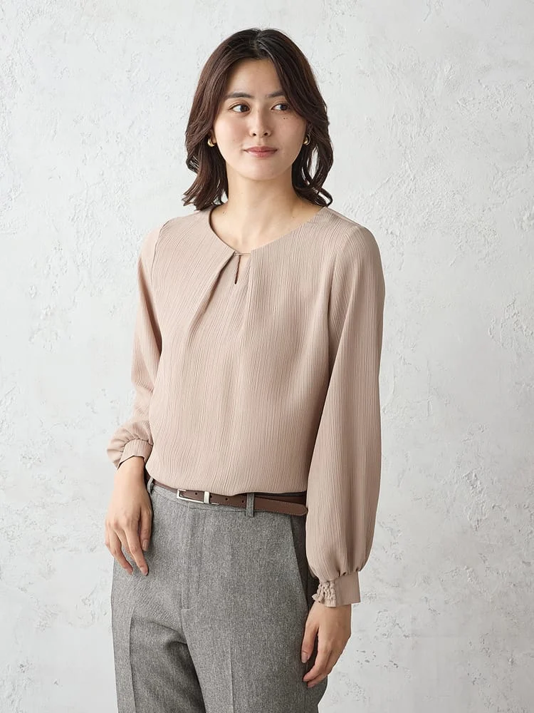 スムース楊柳バー付ブラウスオフホワイト/ブラック/ベージュ/ブラウン〈2BUY10％OFF〉