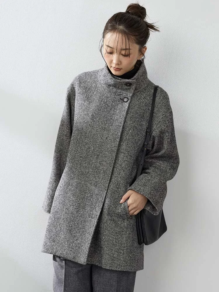 ホームスパンミドルスタンドウールコートブラウン/ブラック