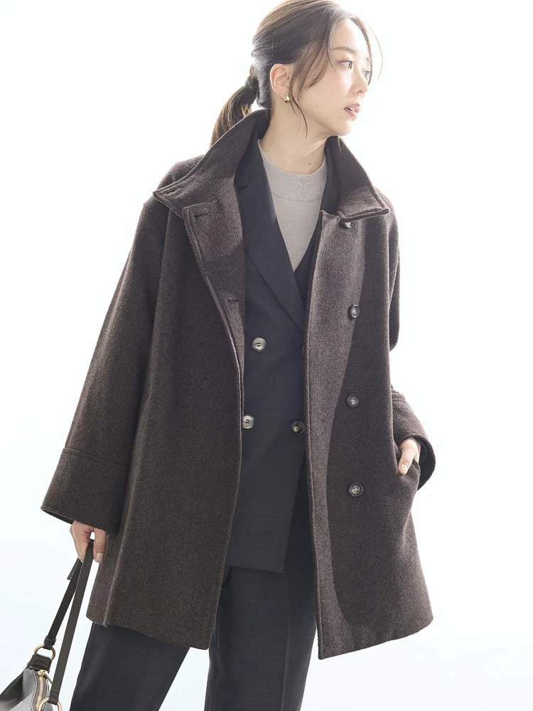 ホームスパンミドルスタンドウールコートブラウン/ブラック