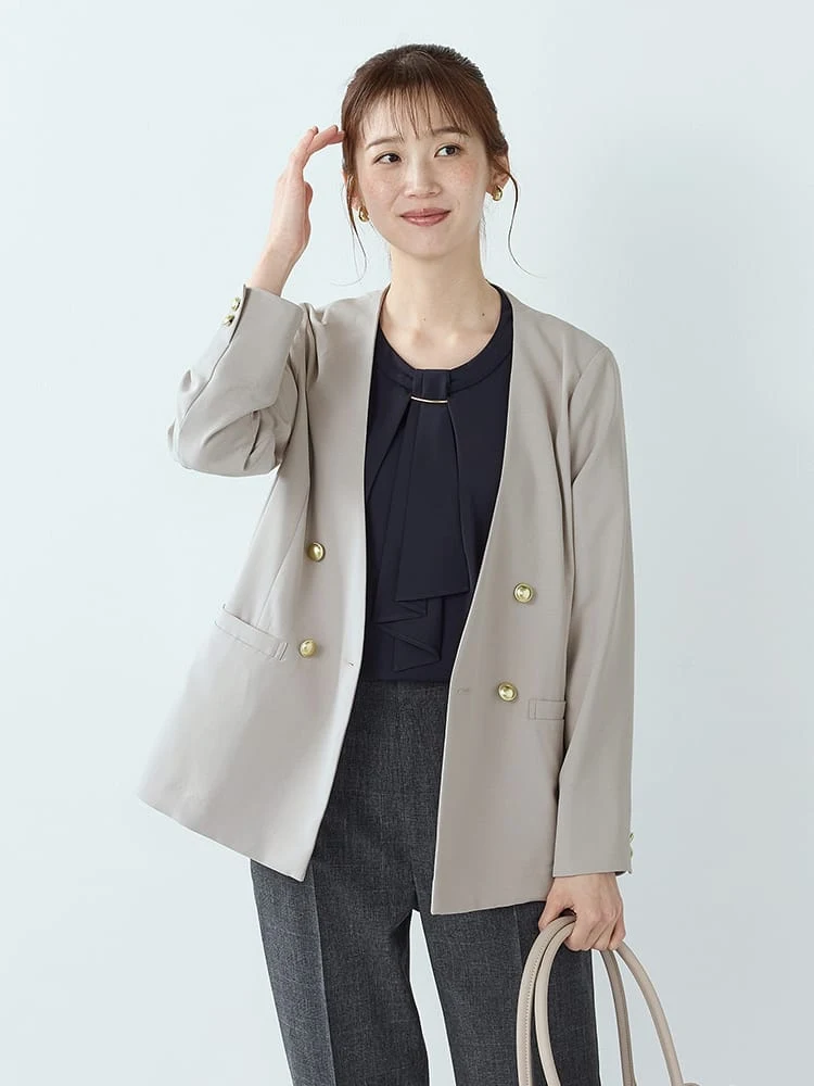 ハイストレッチカルゼワッシャーノーカラーダブルジャケット