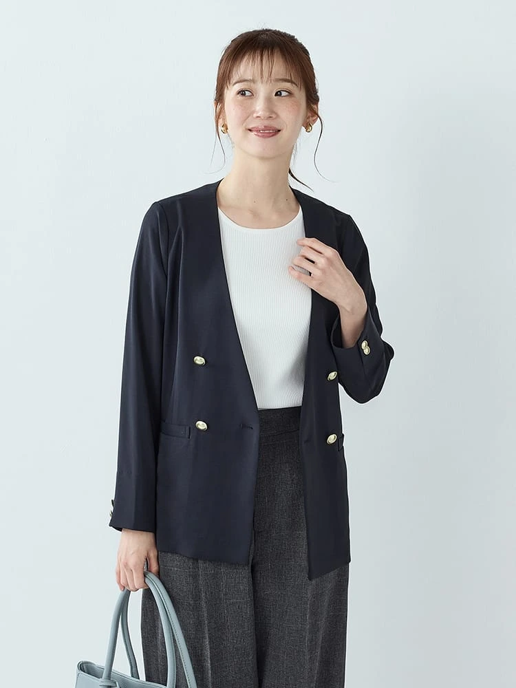 ハイストレッチカルゼワッシャーノーカラーダブルジャケット＜2BUYで10％OFF／3BUYで15％OFF！＞