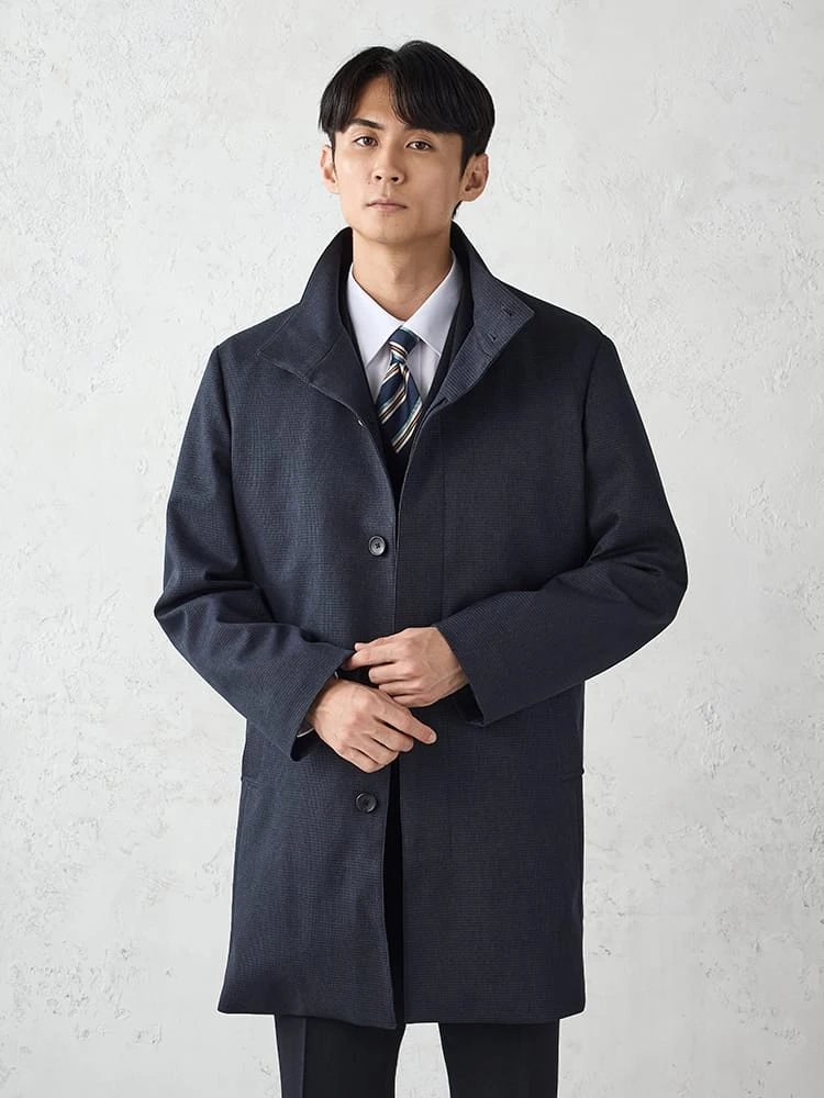 千鳥柄スタンドカラーコート脱着ライナー付きブラック/ネイビー