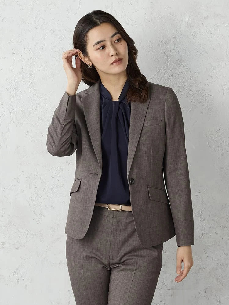 撥水デニム調セットアップスーツテーラードジャケットベージュ/ネイビー