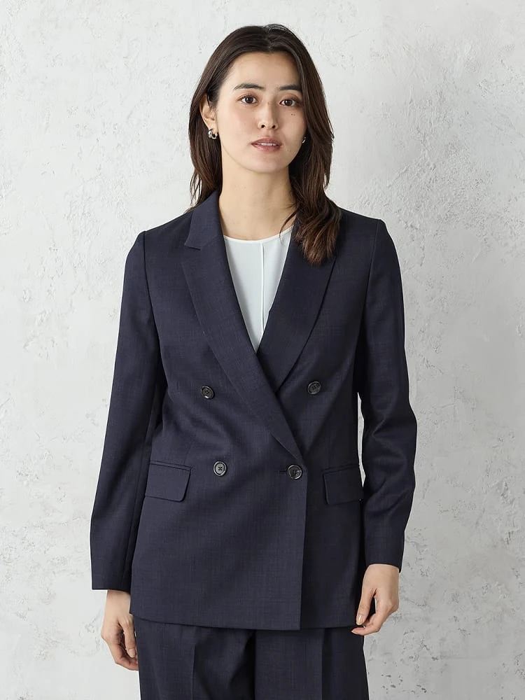 撥水デニム調セットアップスーツダブルジャケットベージュ/ネイビー