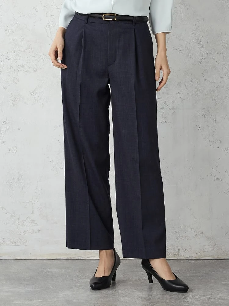 撥水デニム調セットアップスーツタックワイドパンツベージュ/ネイビー