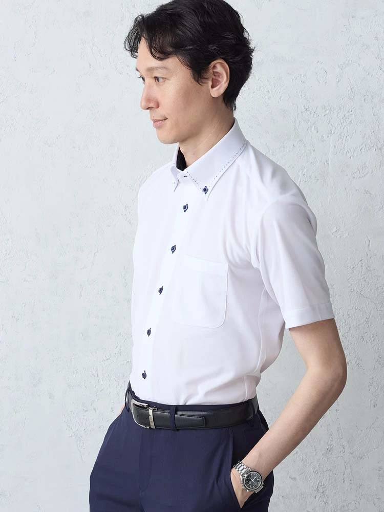 【冷感/完全ノーアイロン】半袖アイシャツ【アイスセンサー】ボタンダウンホワイト＜3点でさらに4,000円OFF対象＞