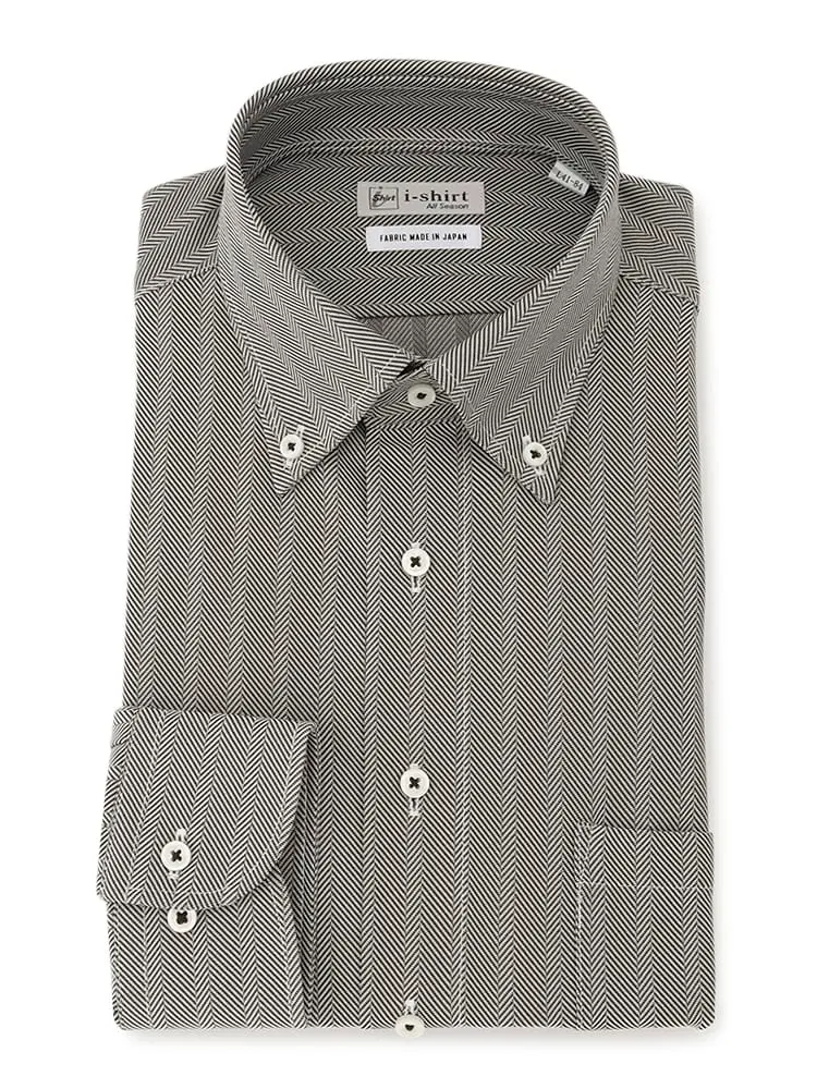 【完全ノーアイロン】長袖アイシャツヘリンボン柄ボタンダウンベージュ/ブラウン/ネイビー＜2点で1,000円OFF／3点で2,000円OFF対象＞