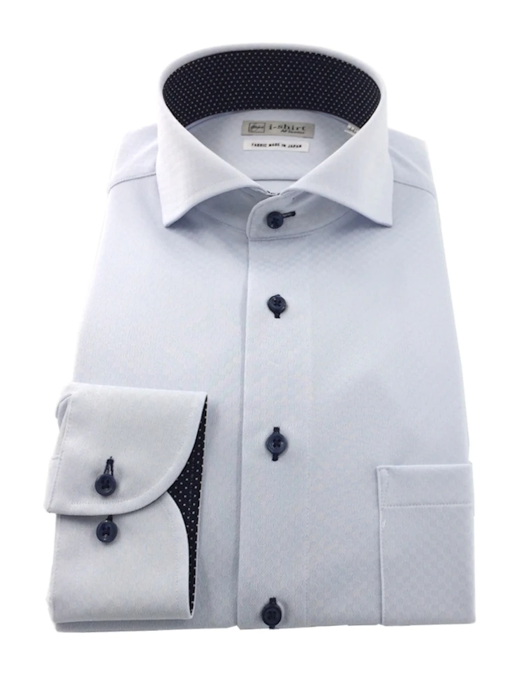 【完全ノーアイロン】長袖アイシャツブライトスクエア柄ホワイト/サックス＜3点で2,000円OFF！＞