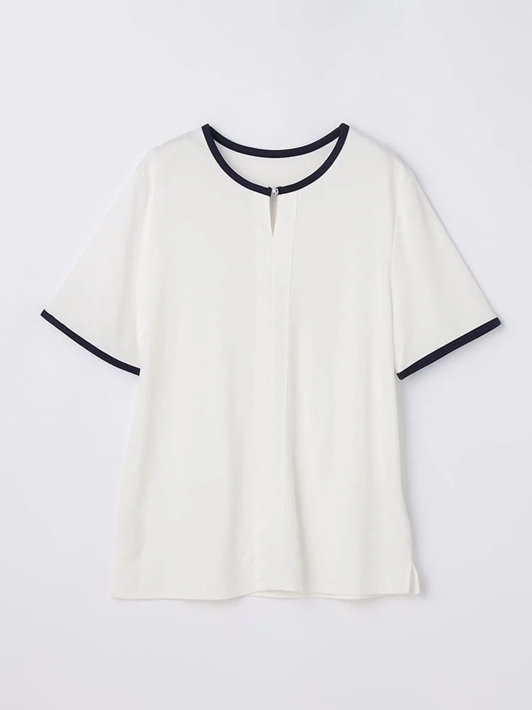 ＜ひんやり接触冷感＞ソフトブラウス配色パイピングオフホワイト/サックス/ネイビー〈2BUY10％OFF〉