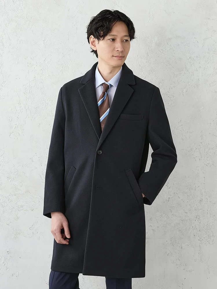 【洗える】ニードルパンチチェスターコートブラック/ネイビー