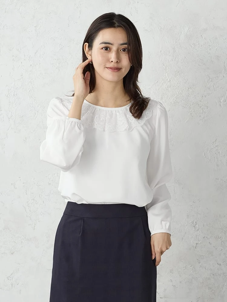 ギャザーレースブラウスオフホワイト/ブラック