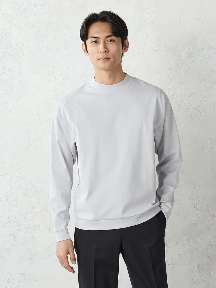 ストレッチ綿混モックネック長袖ロンTホワイト/ブラック/グレー/ブラウン