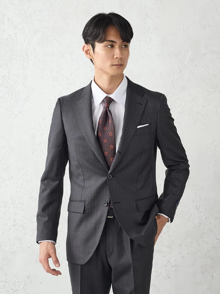 【REDA/Super110S】TRANSCONTINENTSウール100％3つ釦スーツストライプグレー