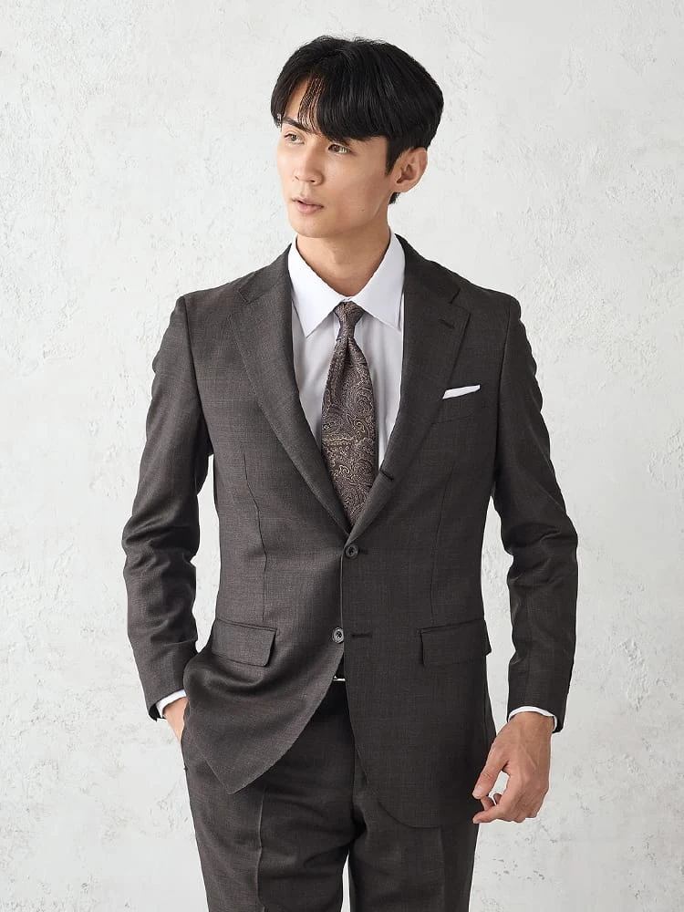 【REDA/Super110S】TRANSCONTINENTSウール100％3つ釦スーツチェックグレー/ブラウン