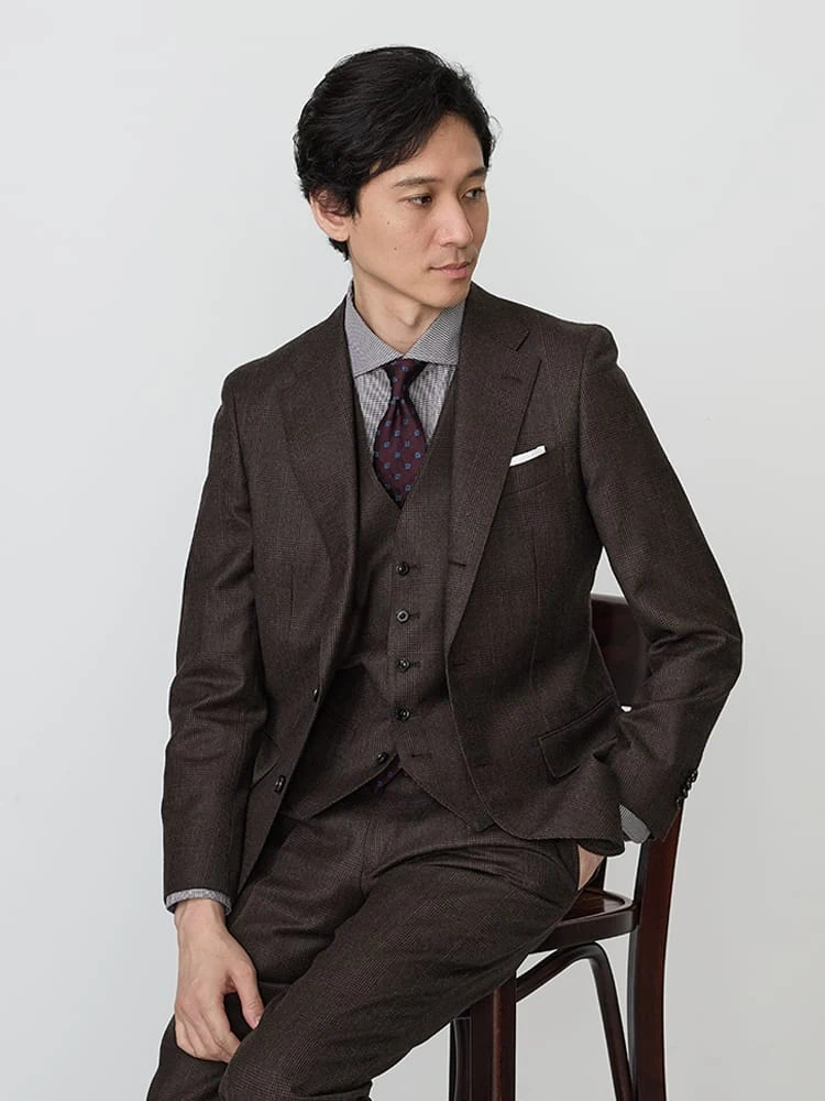 【JOHNFOSTER（ジョン・フォスター）】スリーピーススーツアーバンチェックグレー/ブラウン