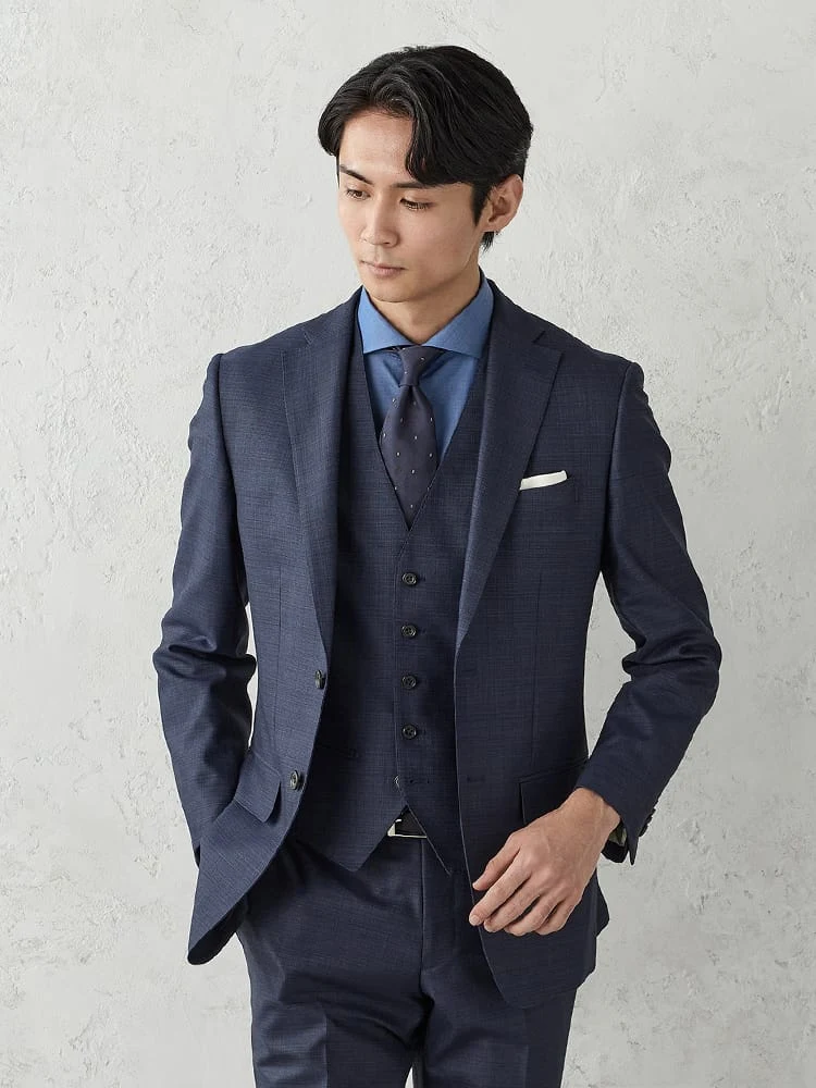 【ベスト付/パンツウォッシャブル】光沢スリーピーススーツ【クラシコ】無地ブラック/ネイビー