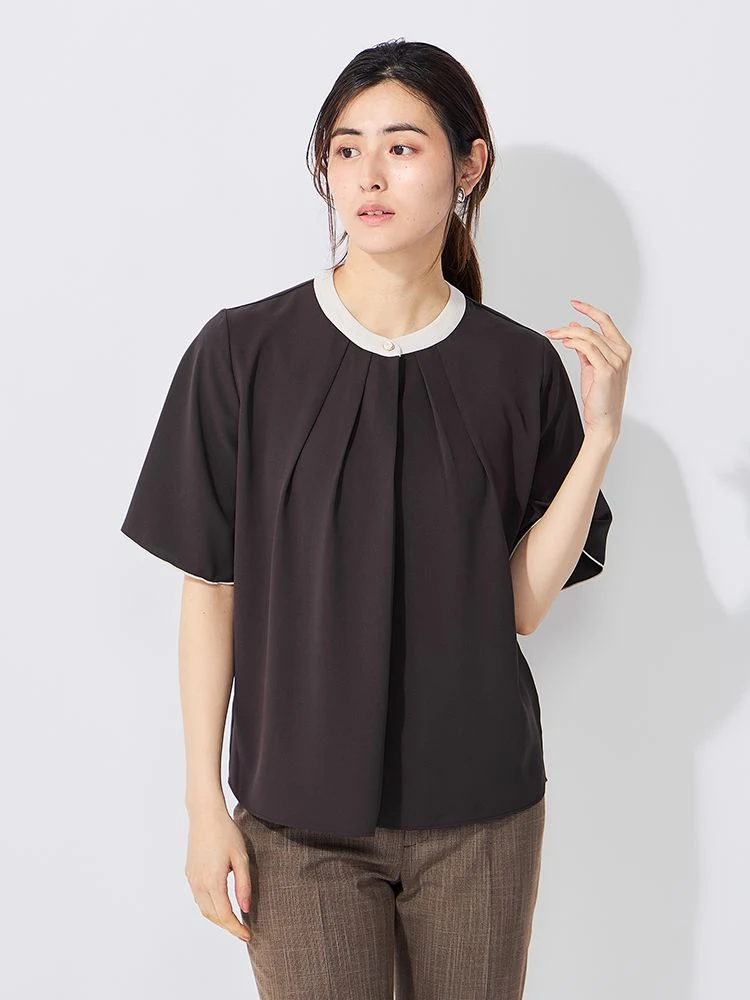 バンドカラー配色ブラウスオフホワイト/ベージュ/ブラウン/グリーン〈2BUYでさらに10％OFF対象★〉