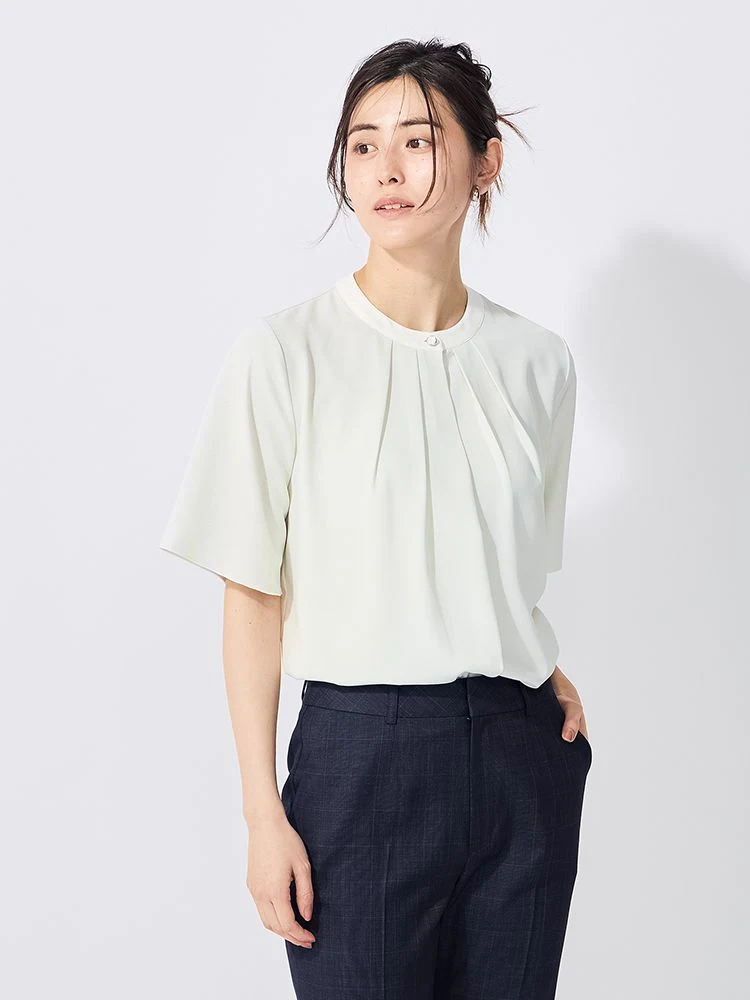 バンドカラー配色ブラウスオフホワイト/ベージュ/ブラウン/グリーン〈2BUYでさらに10％OFF対象★〉