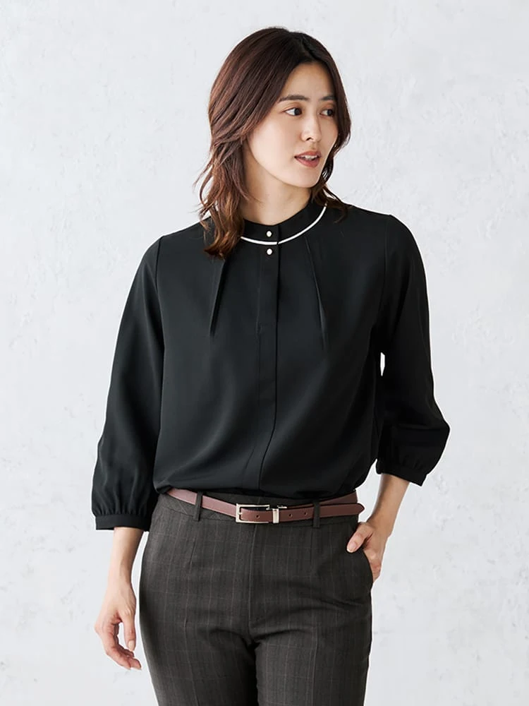 配色ダブルボタンブラウスオフホワイト/ブラック/ピンク/ベージュ〈2BUY10％OFF〉