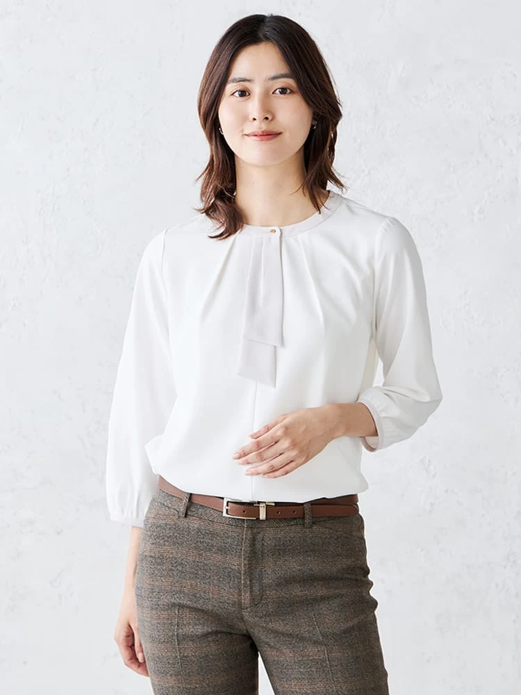 ブラウス 七分袖 レディス 女性 ピンク ホワイト サックス ストレッチ 防透 抗菌 防臭 UVカット シンプル ホテル レストラン FACE MIX FB4049L 刺繍 プリント fb5057m.jpg
