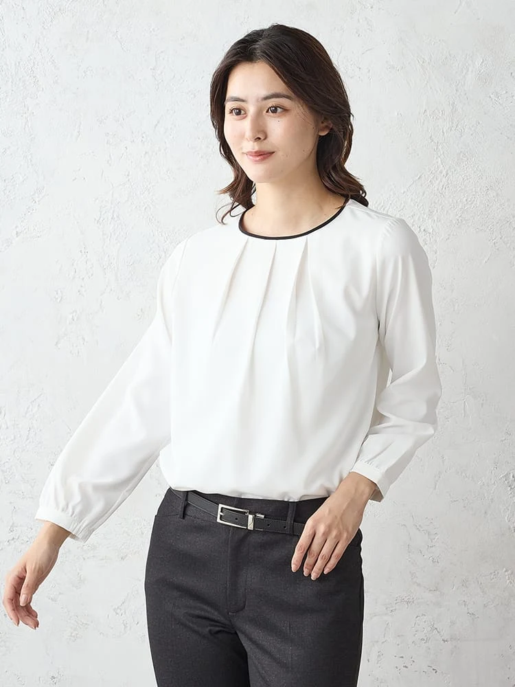 ジョーゼット配色ブラウスオフホワイト/ブラック/グレー/ピンク〈2BUY10％OFF〉