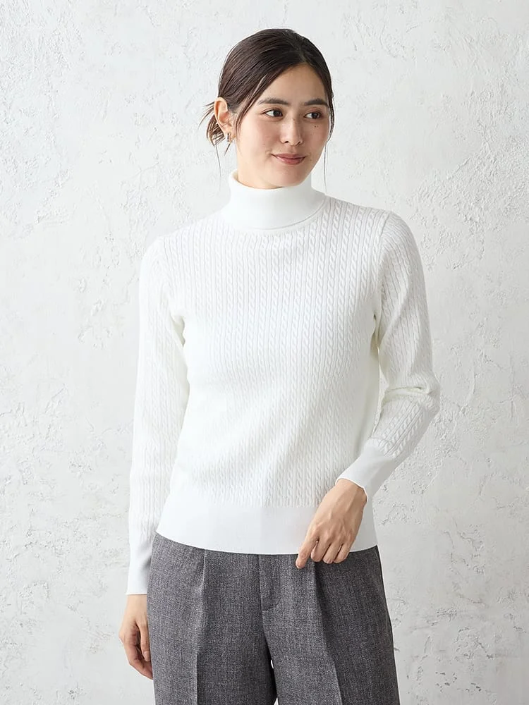 ケーブルタートルネックニットオフホワイト/ブラック/グレー/ピンク/ブラウン〈2BUY10％OFF〉