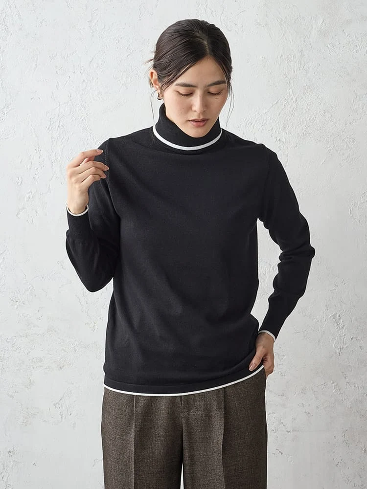 天竺タートルネックニットオフホワイト/ブラック/ブラウン〈2BUY10％OFF〉