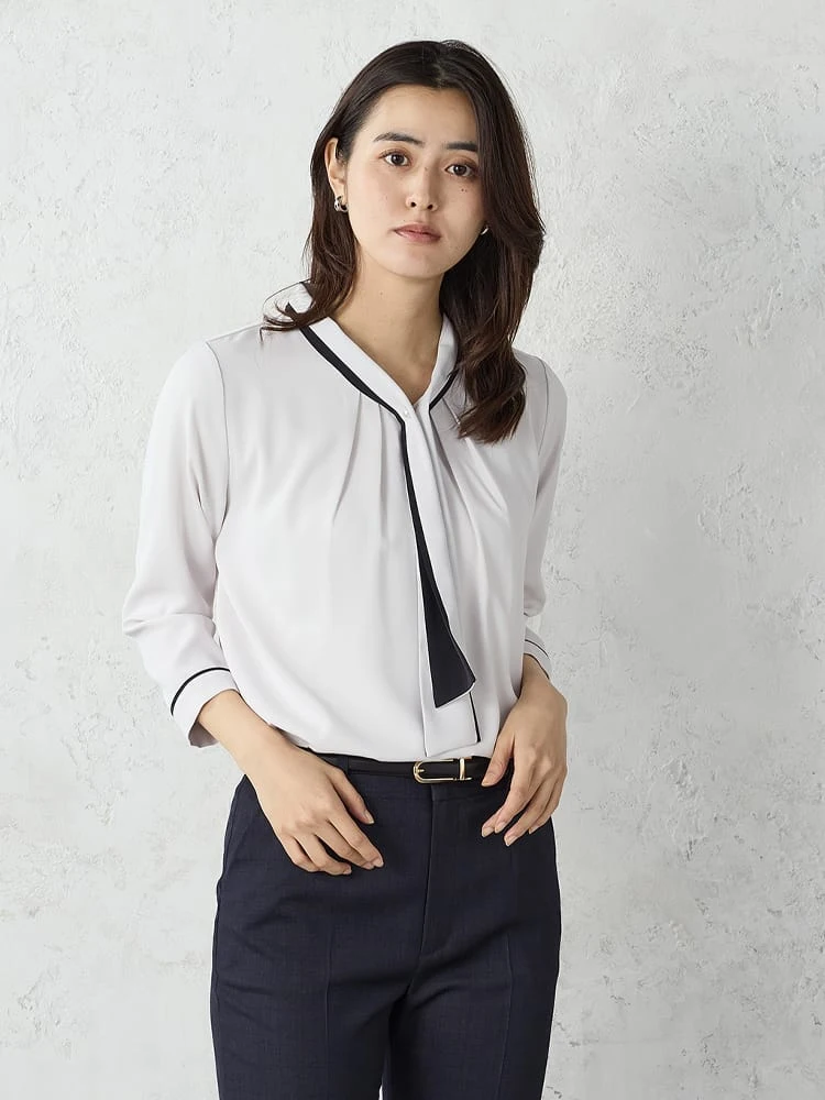 配色マリンボウタイブラウスホワイト/ベージュ/グリーン/ネイビー