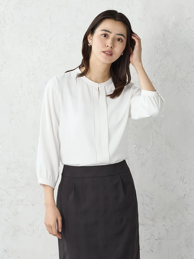 配色メロウバンドカラーブラウスホワイト/ベージュ/ネイビー