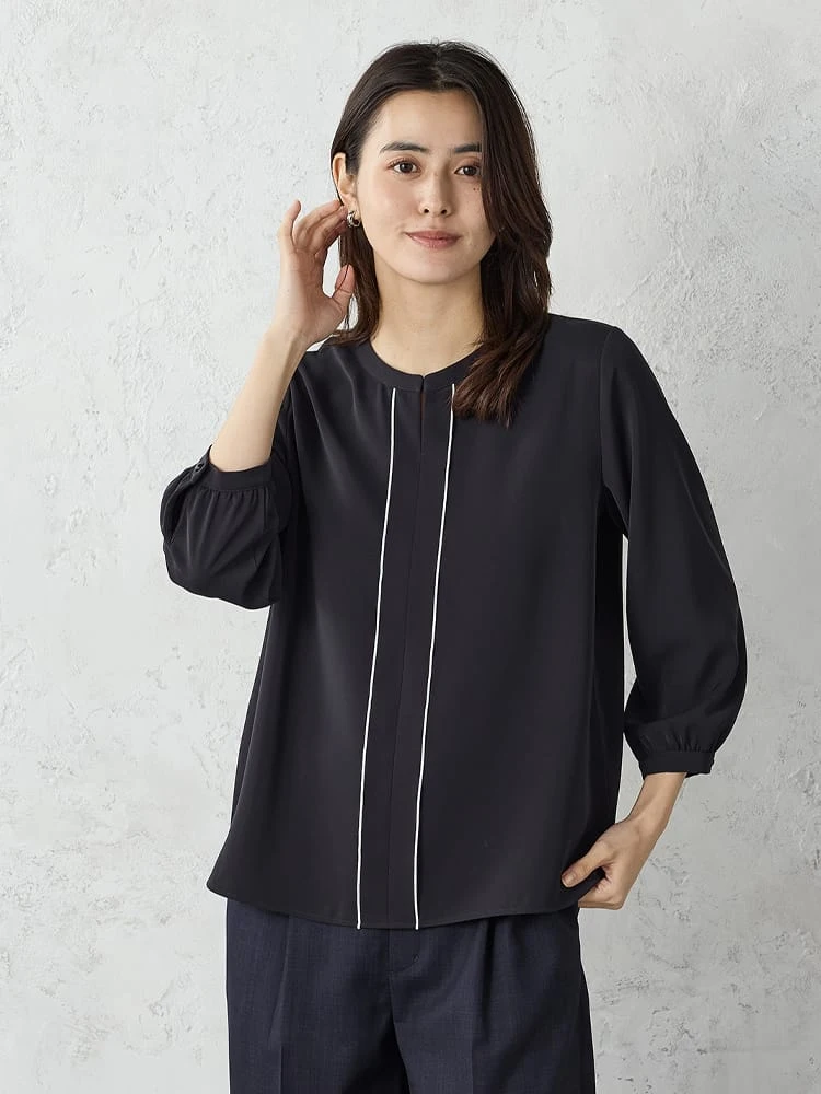 配色メロウバンドカラーブラウスホワイト/ベージュ/ネイビー