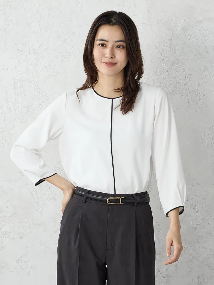 配色パイピングクルーネックブラウスホワイト/ベージュ/グリーン/ネイビー